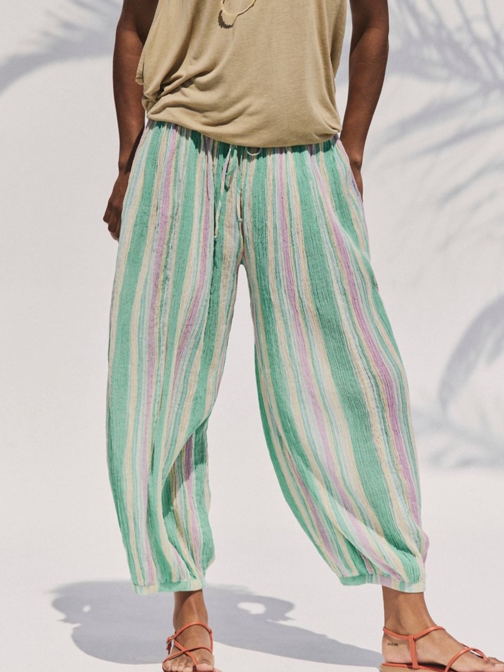 NWOT FP Playa Party Stripe Pants M crinkle gauze Sage Aqua Green Purple